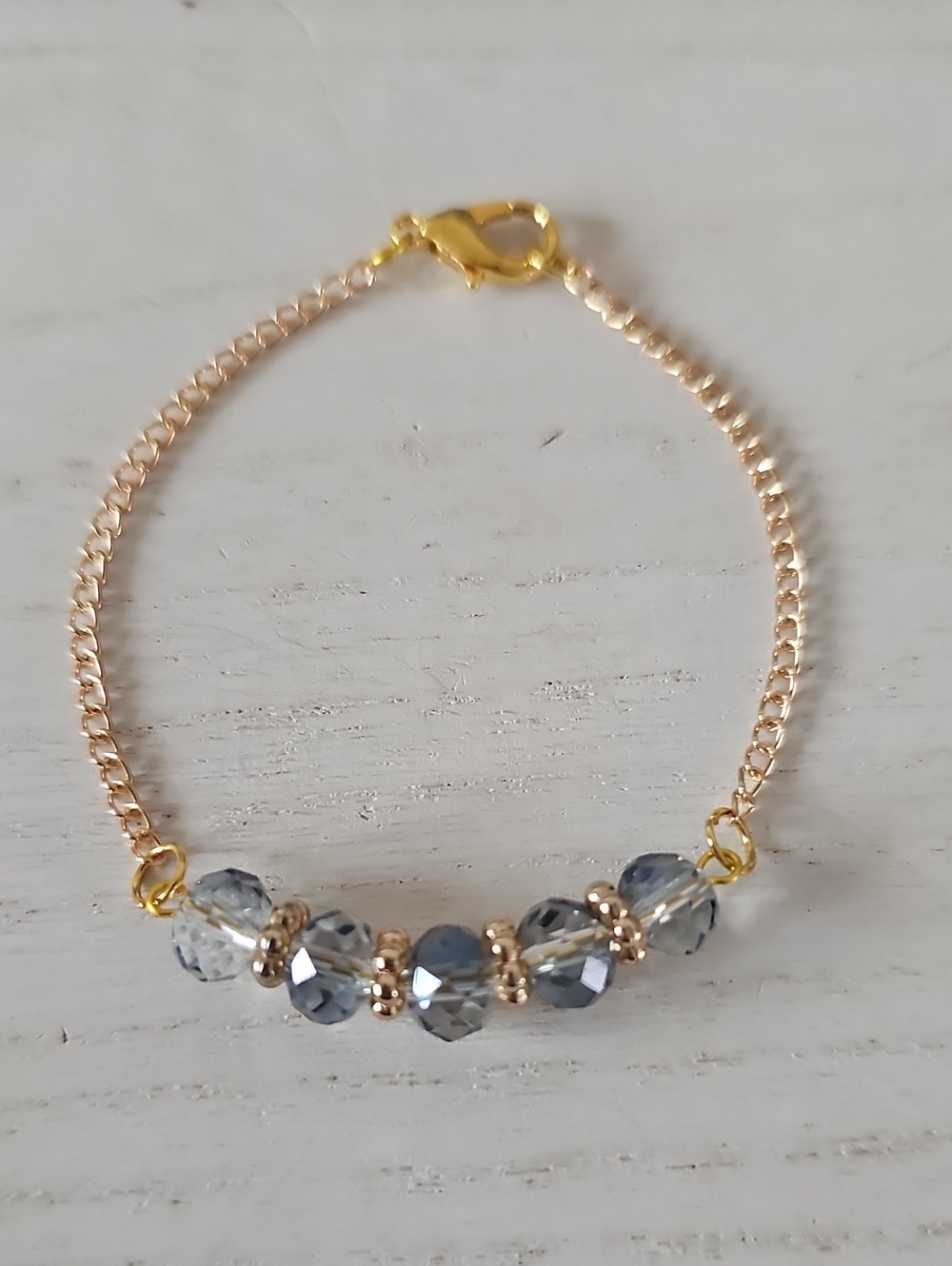 Gold Chain Bracelet with Gray Faceted Glass Beads